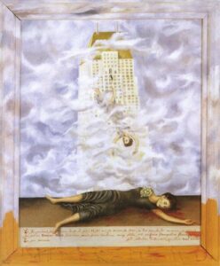 Painting by Frida Khalo of a woman on the ground having jumped from a tall building